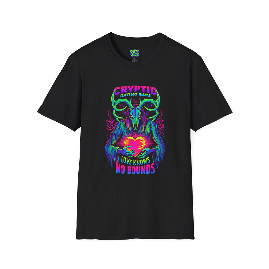 Cryptid Dating Game T-Shirt — "Love Knows No Bounds" Neon Skull Design